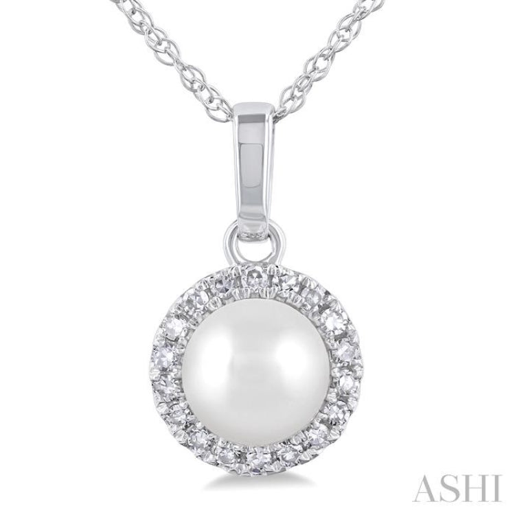 5 MM Cultured White Pearl and 1/20 Ctw Single Cut Diamond Halo Pendant With Chain in 14K White Gold