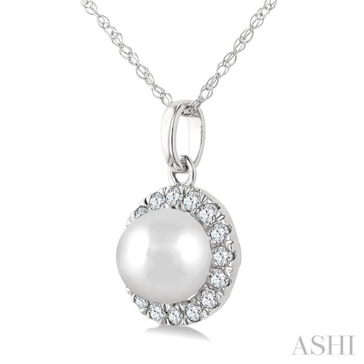 5 MM Cultured White Pearl and 1/20 Ctw Round Cut Diamond Halo Pendant With Chain in 14K White Gold