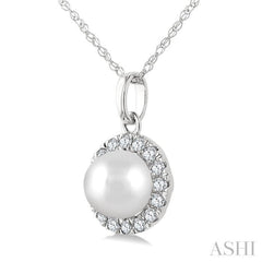 5 MM Cultured White Pearl and 1/20 Ctw Round Cut Diamond Halo Pendant With Chain in 14K White Gold
