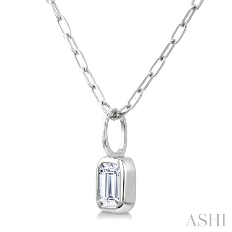 1/5 Ctw Emerald Cut Bezel Set Diamond Fashion Pendant With Paperclip Chain in 14K White Gold