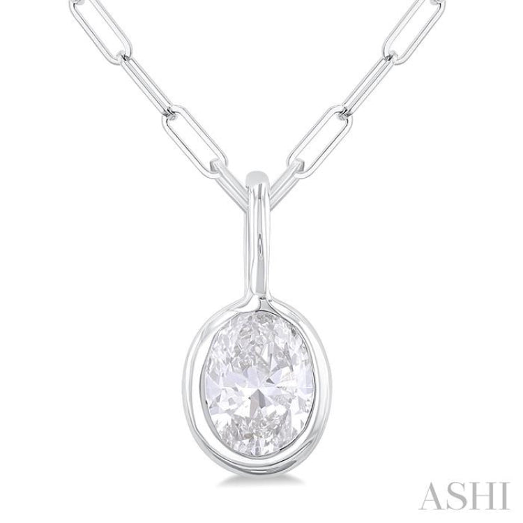 1/5 Ctw Oval Cut Bezel Set Diamond Fashion Pendant With Paperclip Chain in 14K White Gold