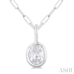 1/5 Ctw Oval Cut Bezel Set Diamond Fashion Pendant With Paperclip Chain in 14K White Gold