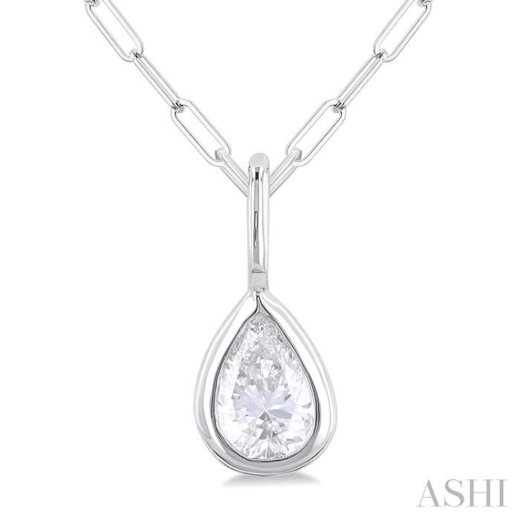 1/5 Ctw Pear Cut Bezel Set Diamond Fashion Pendant With Paperclip Chain in 14K White Gold