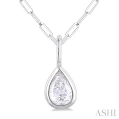 1/5 Ctw Pear Cut Bezel Set Diamond Fashion Pendant With Paperclip Chain in 14K White Gold
