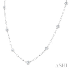1 Ctw Bezel Set Round Cut Diamond Paperclip Station Necklace in 14K White Gold