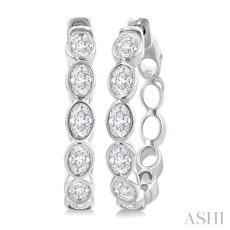1 1/10 Ctw Bezel Set Oval Cut Diamond Fashion Hoop Earrings in 14K White Gold