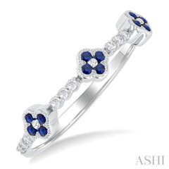 1/10 Ctw Clover Leaf & Bar Link 1.25 MM Sapphire and Round Cut Diamond Precious Ring in 10K White Gold
