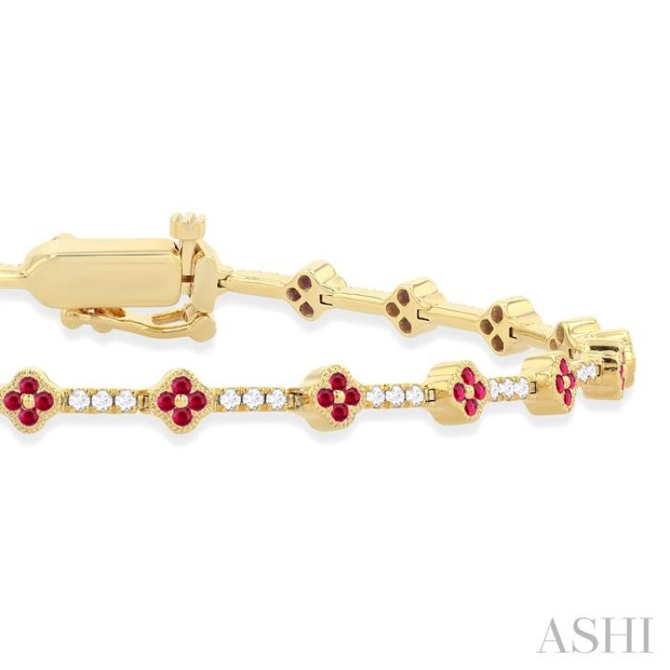 1.00 MM Round Shape Ruby and 1/2 Ctw Clover Leaf & Bar Link Round Cut Diamond Precious Bracelet in 14K Yellow Gold