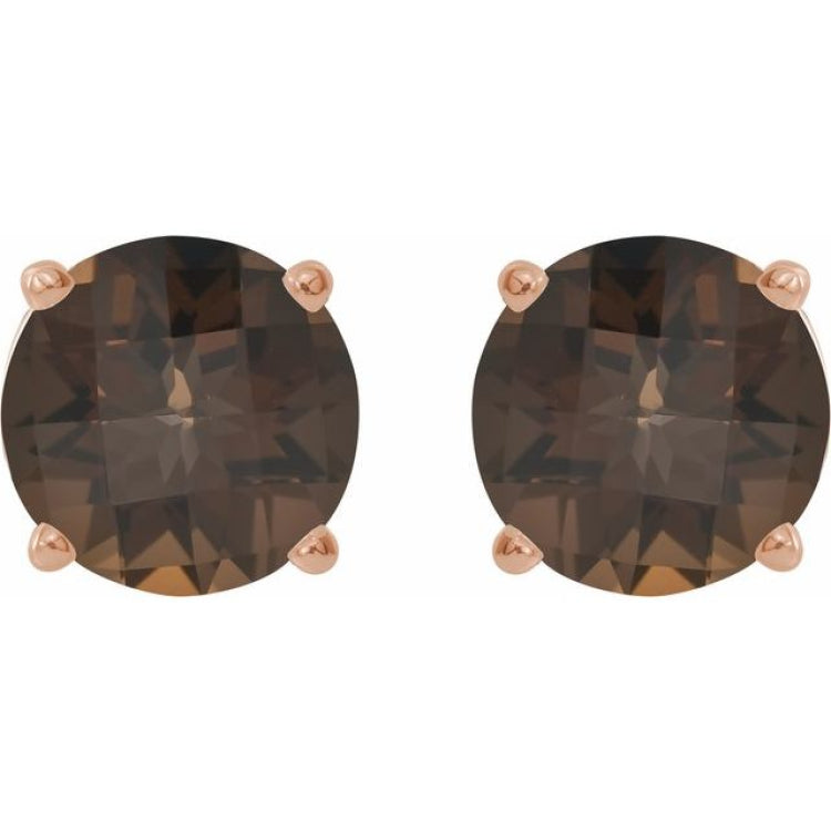 14K Rose 8 mm Natural Smoky Quartz Stud Earrings
