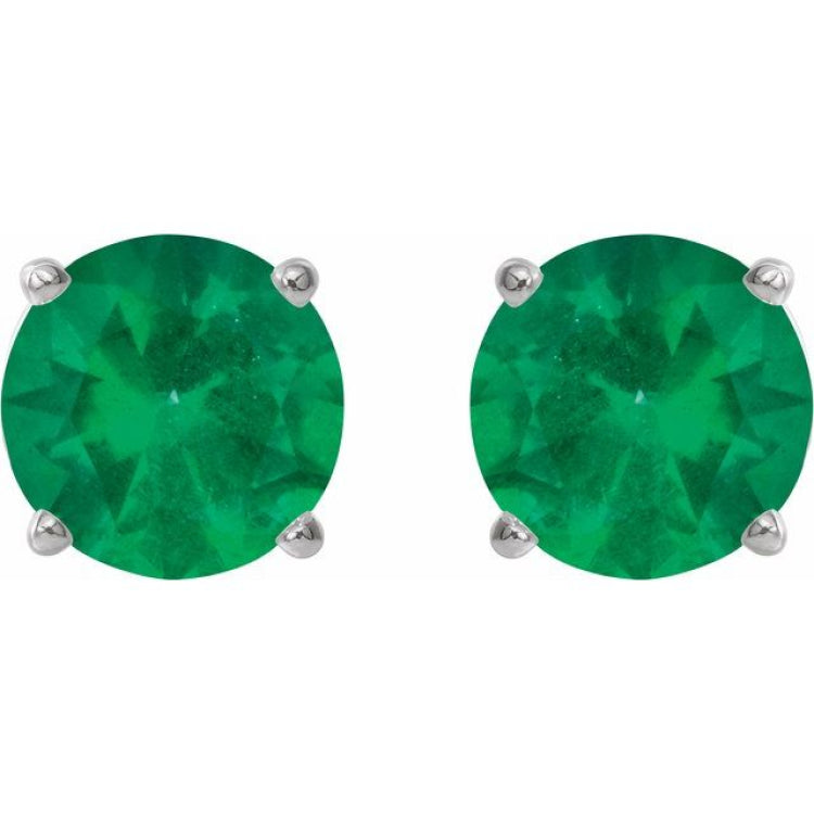 14K White 8 mm Lab-Grown Emerald Stud Earrings