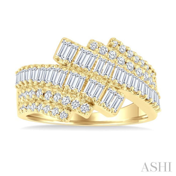 1 Ctw Triple Row Bypass Fusion Baguette and Round Cut Diamond Fashion Ring in 14K Yellow Gold