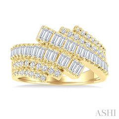 1 Ctw Triple Row Bypass Fusion Baguette and Round Cut Diamond Fashion Ring in 14K Yellow Gold