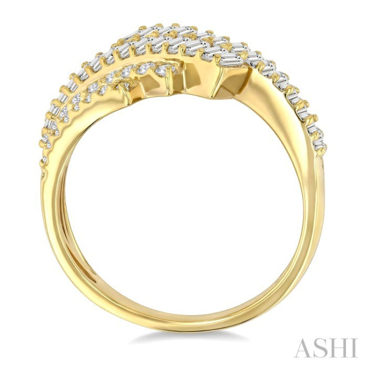 1 Ctw Triple Row Bypass Fusion Baguette and Round Cut Diamond Fashion Ring in 14K Yellow Gold