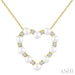 3 MM Round Shape Cultured Pearl and 1/5 Ctw Heart Shape Round Cut Diamond Pendant With Chain in 14K Yellow Gold