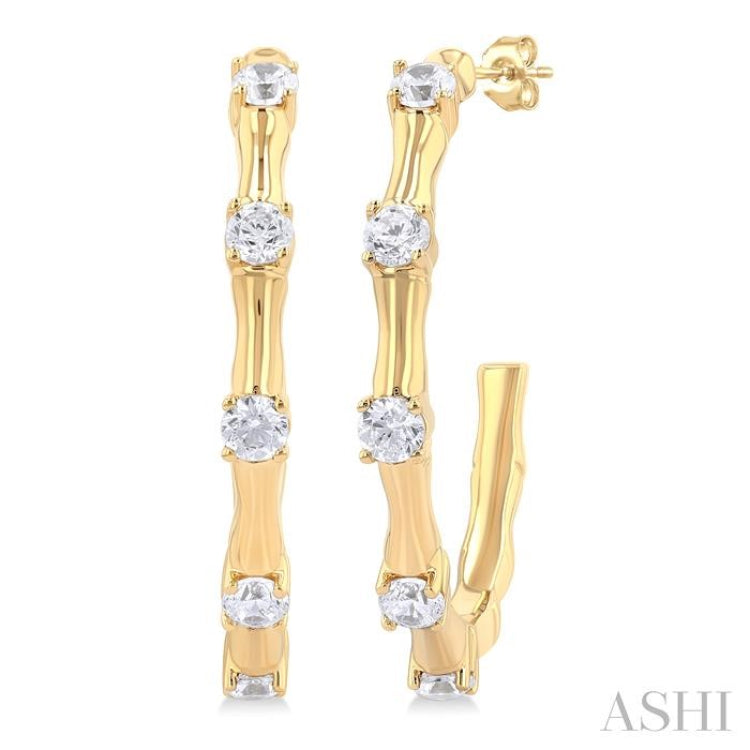 1/3 Ctw Bamboo Shoot Inspired Round Cut Diamond Fashion Half Hoop Earrings in 14K Yellow Gold