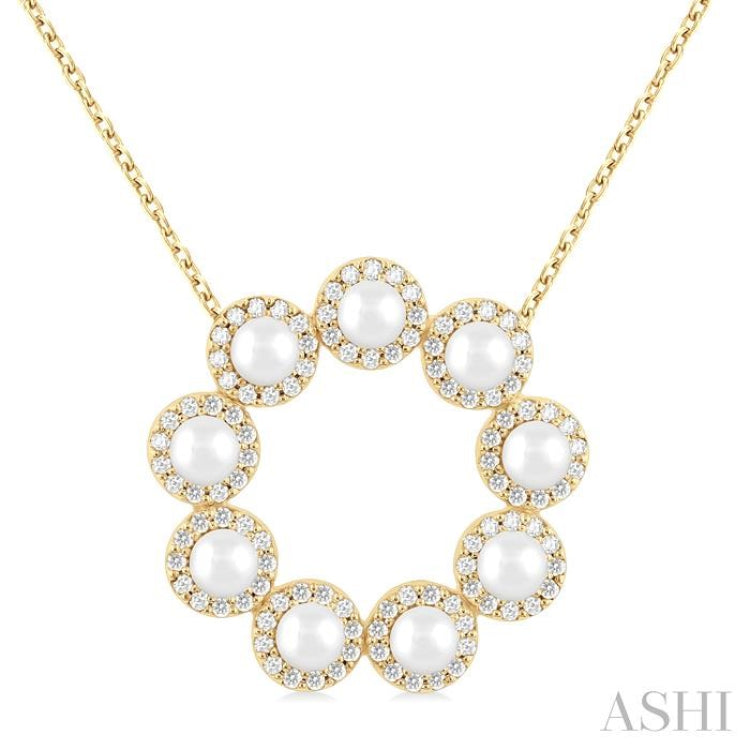 3 MM Round Shape Cultured Pearl and 1/3 Ctw Round Cut Diamond Circle Halo Pendant With Chain in 14K Yellow Gold