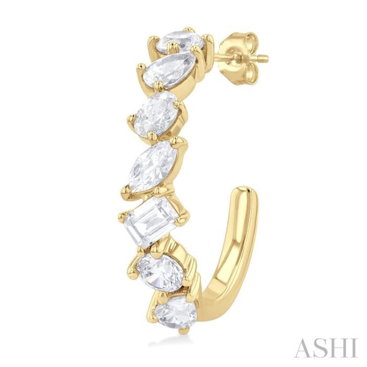 1 1/2 Ctw Scatter Mixed Diamond Cut Fashion Half Hoop Earring in 14K Yellow Gold