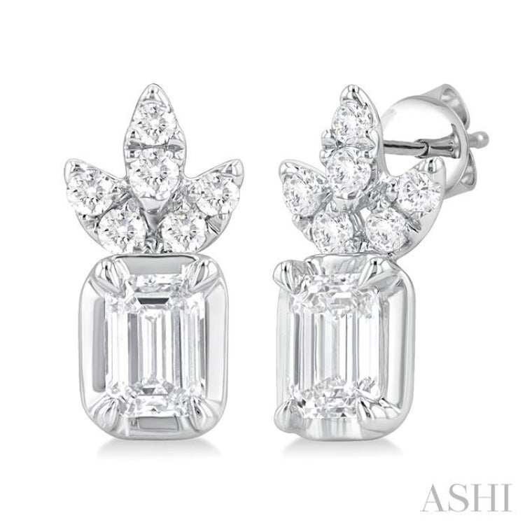 3/8 Ctw Emerald and Round Cut Diamond Fashion Earrings in 14K White Gold