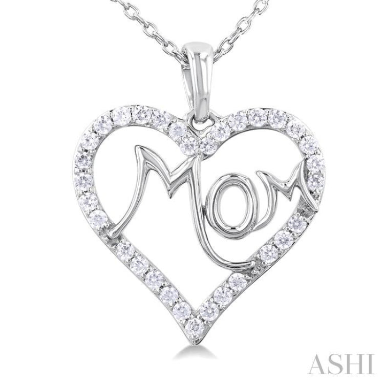 1/4 Ctw 'MOM' Heart Frame Round Cut Diamond Fashion Pendant With Chain in 10K White Gold