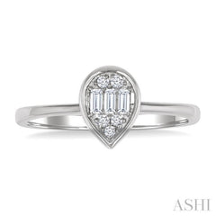 1/6 Ctw Petite Bezel Set Pear Shape Fusion Baguette and Round Cut Diamond Fashion Ring in 10K White Gold
