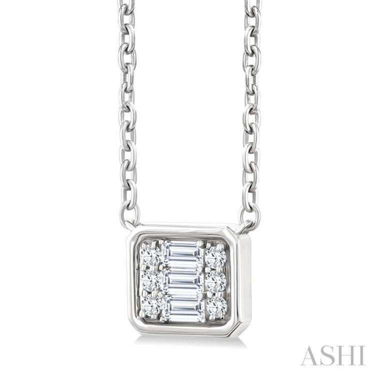1/6 Ctw Petite Bezel Set East-West Emerald Shape Fusion Baguette and Round Cut Diamond Fashion Pendant With Chain in 10K White Gold