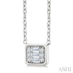1/6 Ctw Petite Bezel Set East-West Emerald Shape Fusion Baguette and Round Cut Diamond Fashion Pendant With Chain in 10K White Gold