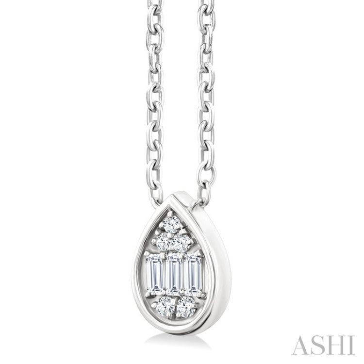1/6 Ctw Petite Bezel Set Pear Shape Fusion Baguette and Round Cut Diamond Fashion Pendant With Chain in 10K White Gold