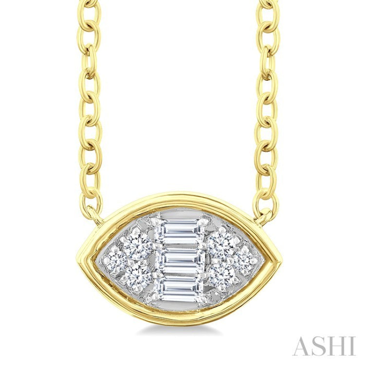1/6 Ctw Petite Bezel Set East-West Marquise Shape Fusion Baguette and Round Cut Diamond Fashion Pendant With Chain in 10K Yellow Gold