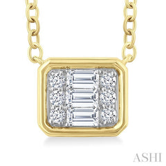 1/6 Ctw Petite Bezel Set East-West Emerald Shape Fusion Baguette and Round Cut Diamond Fashion Pendant With Chain in 10K Yellow Gold