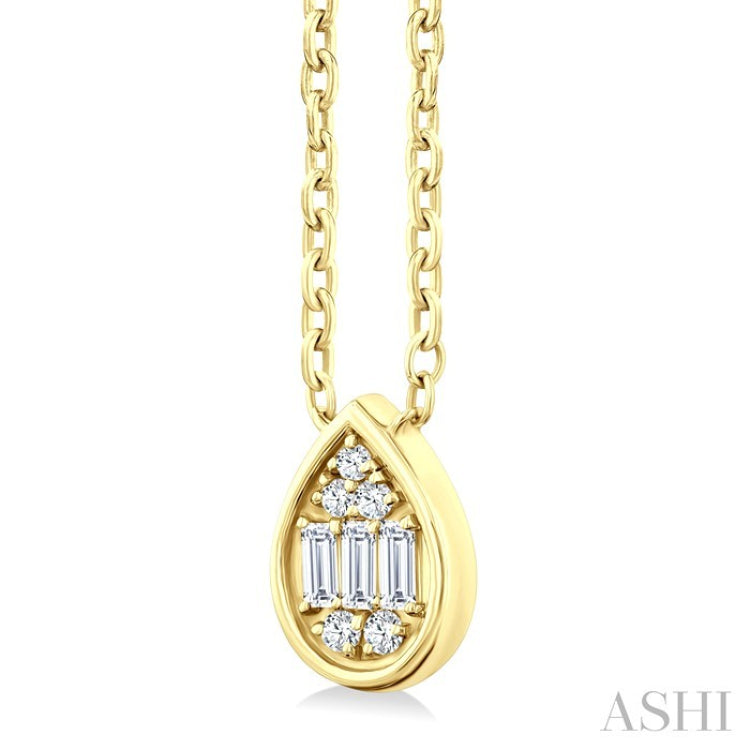 1/6 Ctw Petite Bezel Set Pear Shape Fusion Baguette and Round Cut Diamond Fashion Pendant With Chain in 10K Yellow Gold