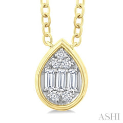 1/6 Ctw Petite Bezel Set Pear Shape Fusion Baguette and Round Cut Diamond Fashion Pendant With Chain in 10K Yellow Gold