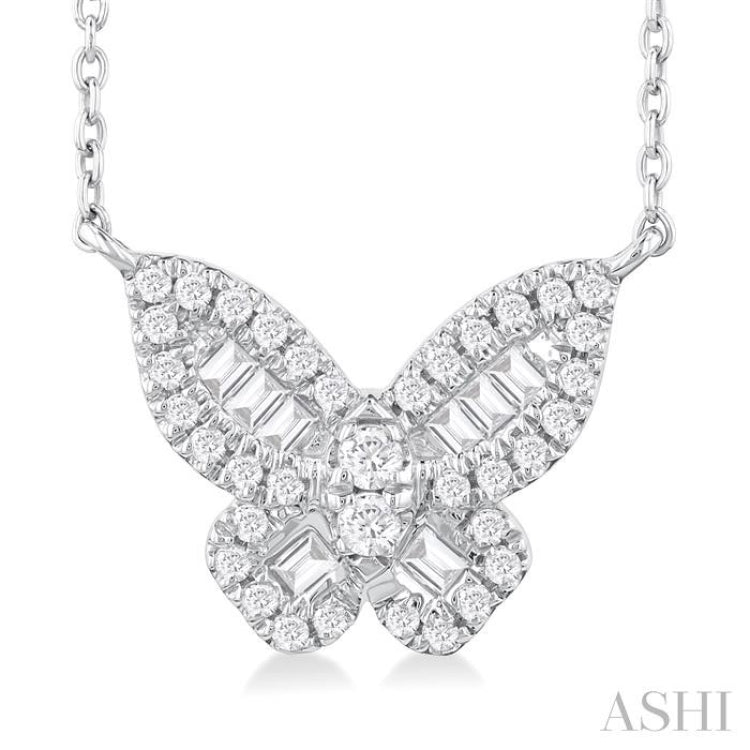 1/3 Ctw Petite Butterfly Baguette and Round Cut Diamond Fashion Pendant With Chain in 14K White Gold