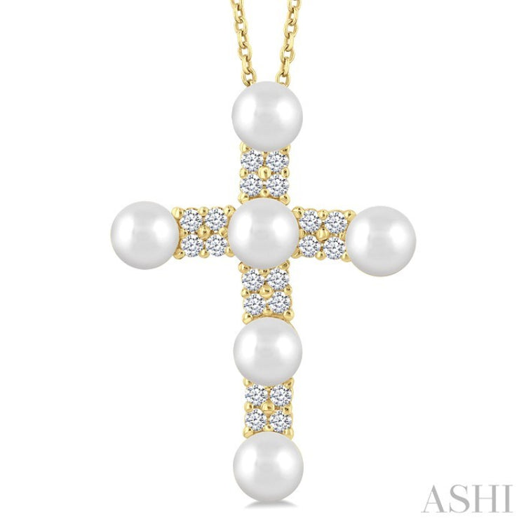 4 MM Cross Cultured Pearl and 1/5 Ctw Round Cut Diamond Semi-Precious Fashion Pendant With Chain in 10K Yellow Gold