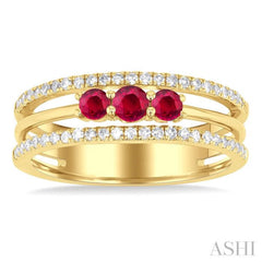 3.2 MM, 2.7 MM Round Cut Ruby & 1/4 Ctw Single Cut Diamond Past, Present and Future Precious Layered Fashion Ring in 10K Yellow Gold