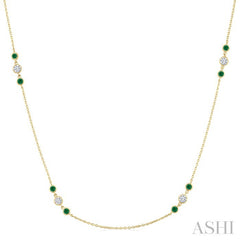 2.25 MM Emerald and 1/2 Ctw Round Cut Diamond Precious Station Necklace in 14K Yellow Gold