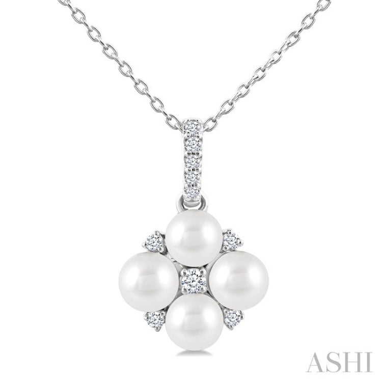 4 MM Floral Round Shape Cultured Pearl and 1/10 Ctw Round Cut Diamond Fashion Pendant With Chain in 10K White Gold