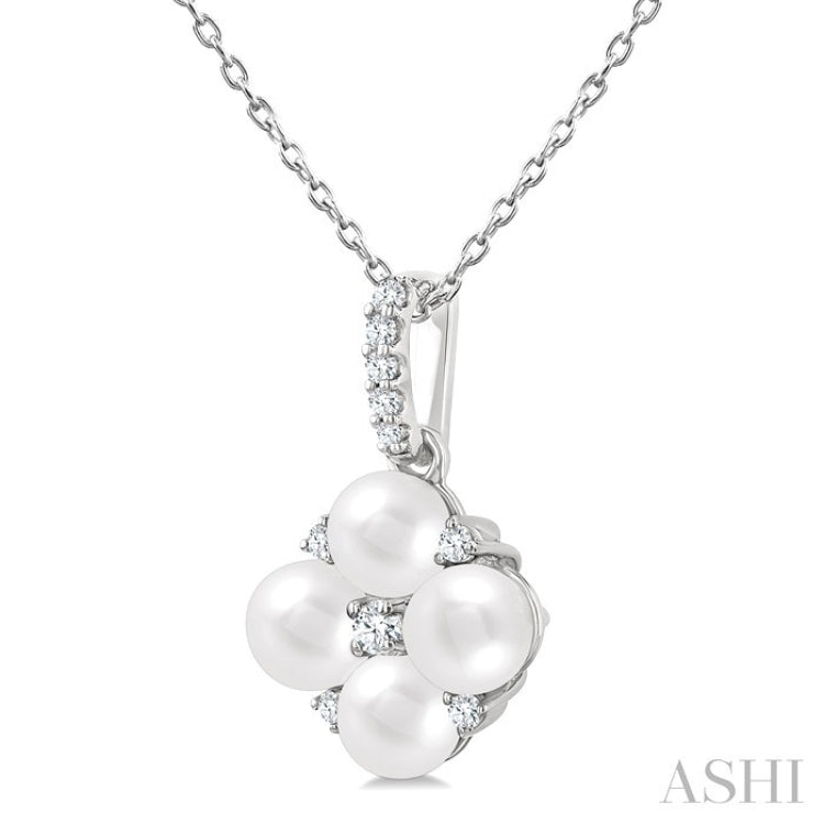 4 MM Floral Round Shape Cultured Pearl and 1/10 Ctw Round Cut Diamond Fashion Pendant With Chain in 10K White Gold