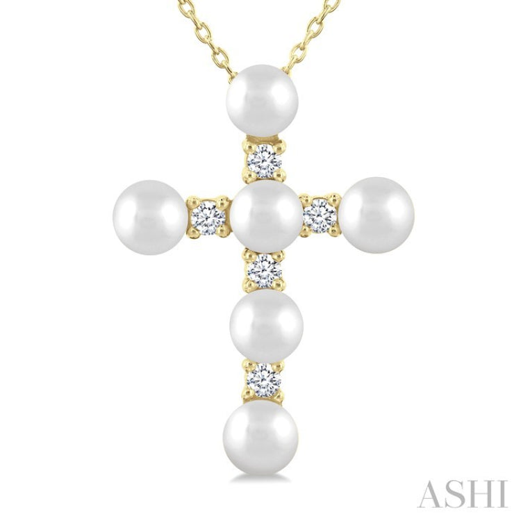 4 MM Cross Cultured Pearl and 1/6 Ctw Round Cut Diamond Fashion Pendant With Chain in 10K Yellow Gold