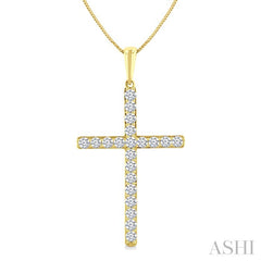1/2 Ctw Round Cut Diamond Prong Set 1-Inch Plate Cross Pendant With Chain in 14K Yellow Gold