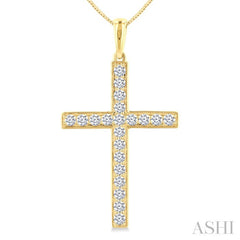 1/2 Ctw Round Cut Diamond Pave Set 1-Inch Plate Cross Pendant With Chain in 14K Yellow Gold