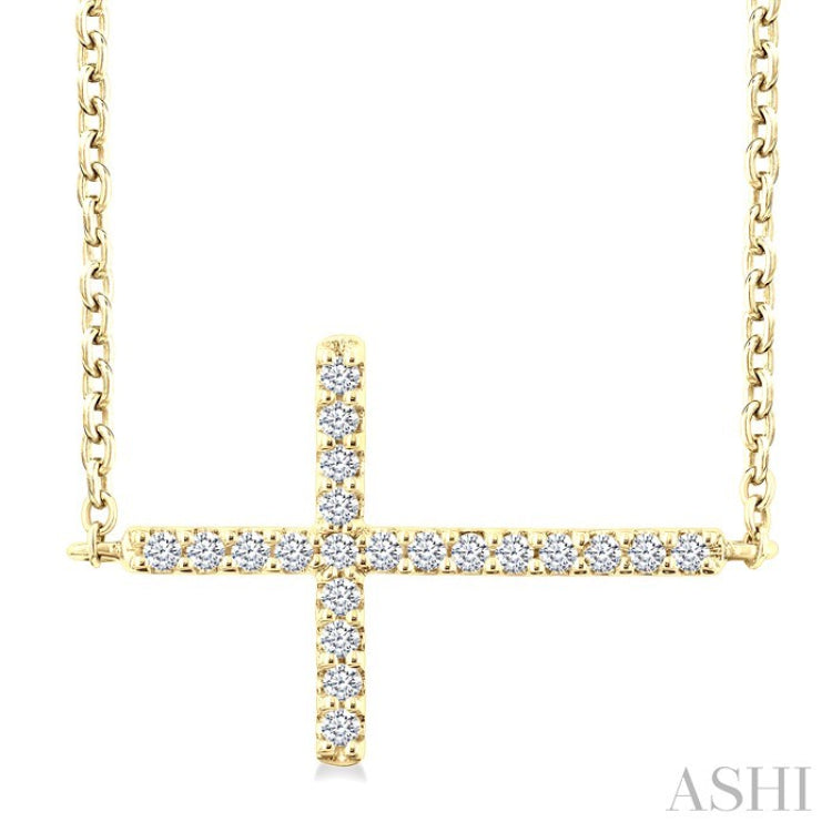 1/10 Ctw Petite Sideways Cross Round Cut Diamond Fashion Pendant With Chain in 10K Yellow Gold