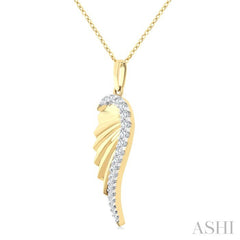 1/5 Ctw Fluted Texture Angel Wing Round Cut Diamond Pirouette Fashion Pendant With Chain in 10K Yellow Gold