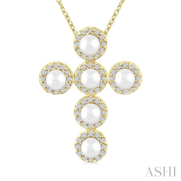 4 MM Round Shape Cultured Pearl and 1/4 Ctw Round Cut Diamond Cross Pendant With Chain in 14K Yellow Gold