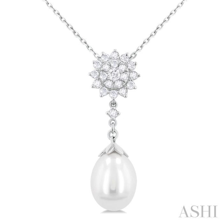 9X7 MM Drop Shape Cultured Pearl and 1/5 Ctw Sunflower Round Cut Diamond Fashion Pendant With Chain in 14K White Gold