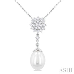 9X7 MM Drop Shape Cultured Pearl and 1/5 Ctw Sunflower Round Cut Diamond Fashion Pendant With Chain in 14K White Gold