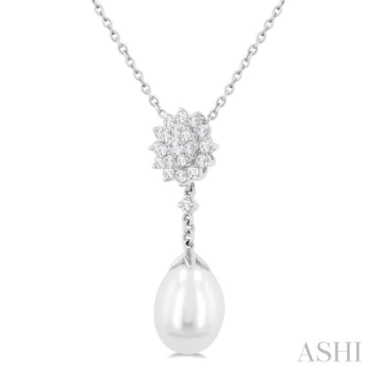 9X7 MM Drop Shape Cultured Pearl and 1/5 Ctw Sunflower Round Cut Diamond Fashion Pendant With Chain in 14K White Gold