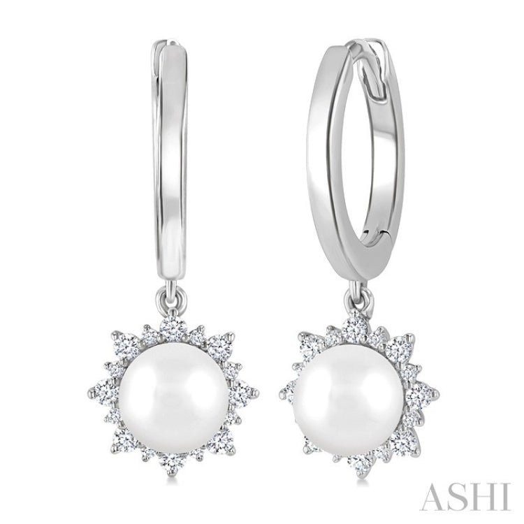 5.5 MM Round shape Cultured Pearls and 1/5 Ctw Round Cut Diamond Petite Fashion Huggies in 10K White Gold