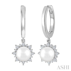 5.5 MM Round shape Cultured Pearls and 1/5 Ctw Round Cut Diamond Petite Fashion Huggies in 10K White Gold