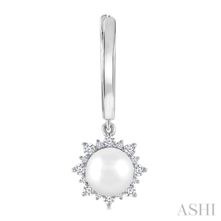 5.5 MM Round shape Cultured Pearls and 1/5 Ctw Round Cut Diamond Petite Fashion Huggies in 10K White Gold