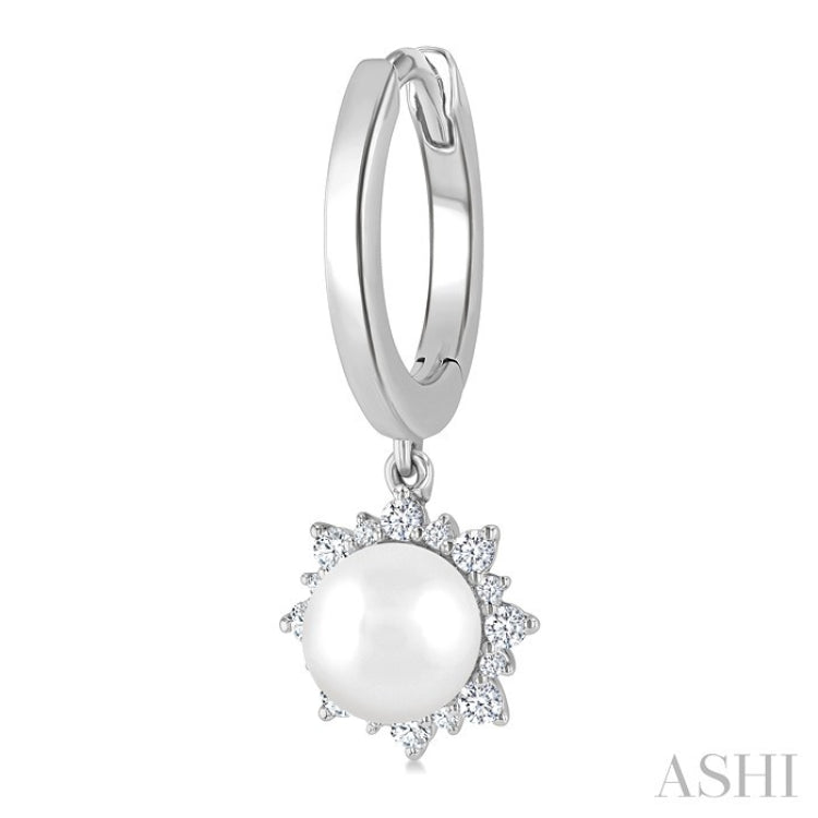 5.5 MM Round shape Cultured Pearls and 1/5 Ctw Round Cut Diamond Petite Fashion Huggies in 10K White Gold